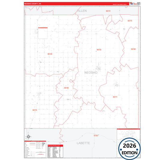 Neosho County, KS Red Line 5 Digit ZIP Code Wall Map