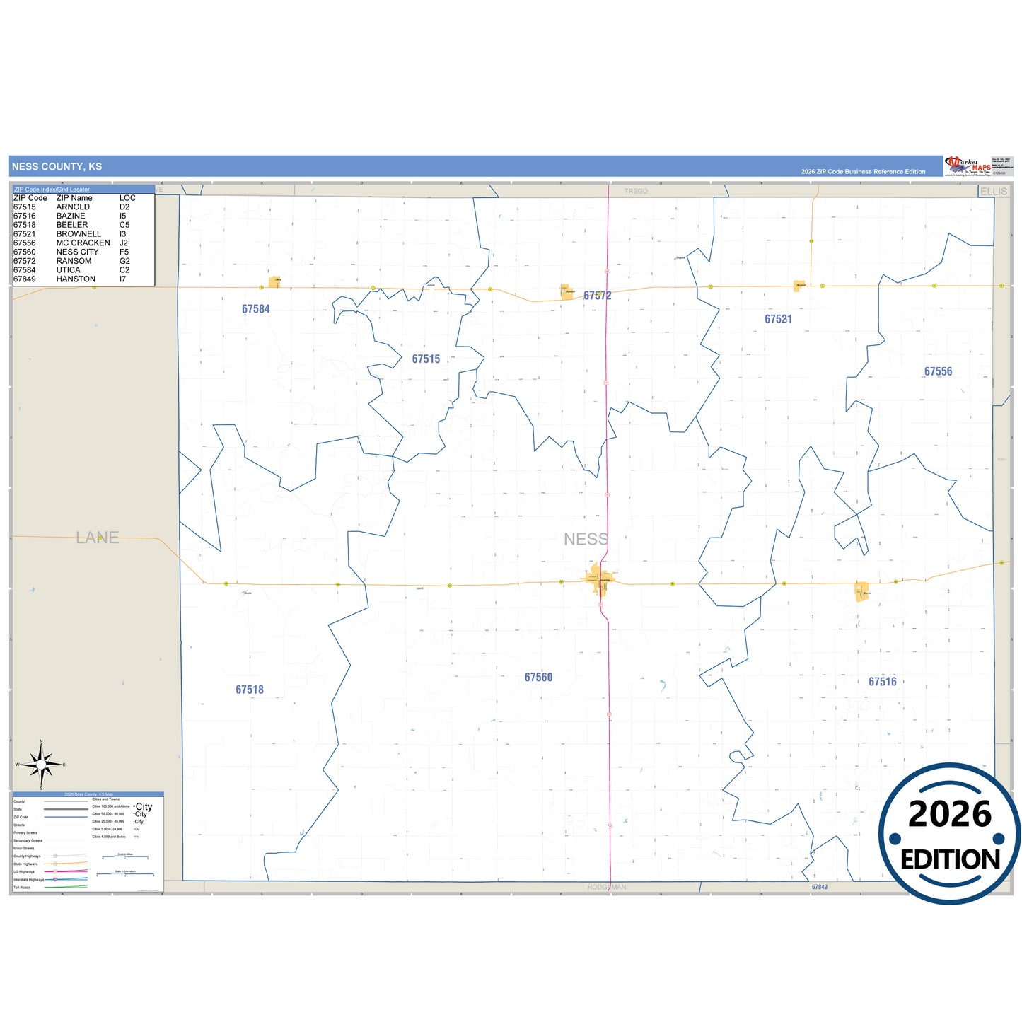 Ness County, KS Business Reference 5 Digit ZIP Code Wall Map