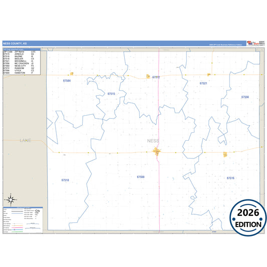 Ness County, KS Business Reference 5 Digit ZIP Code Wall Map