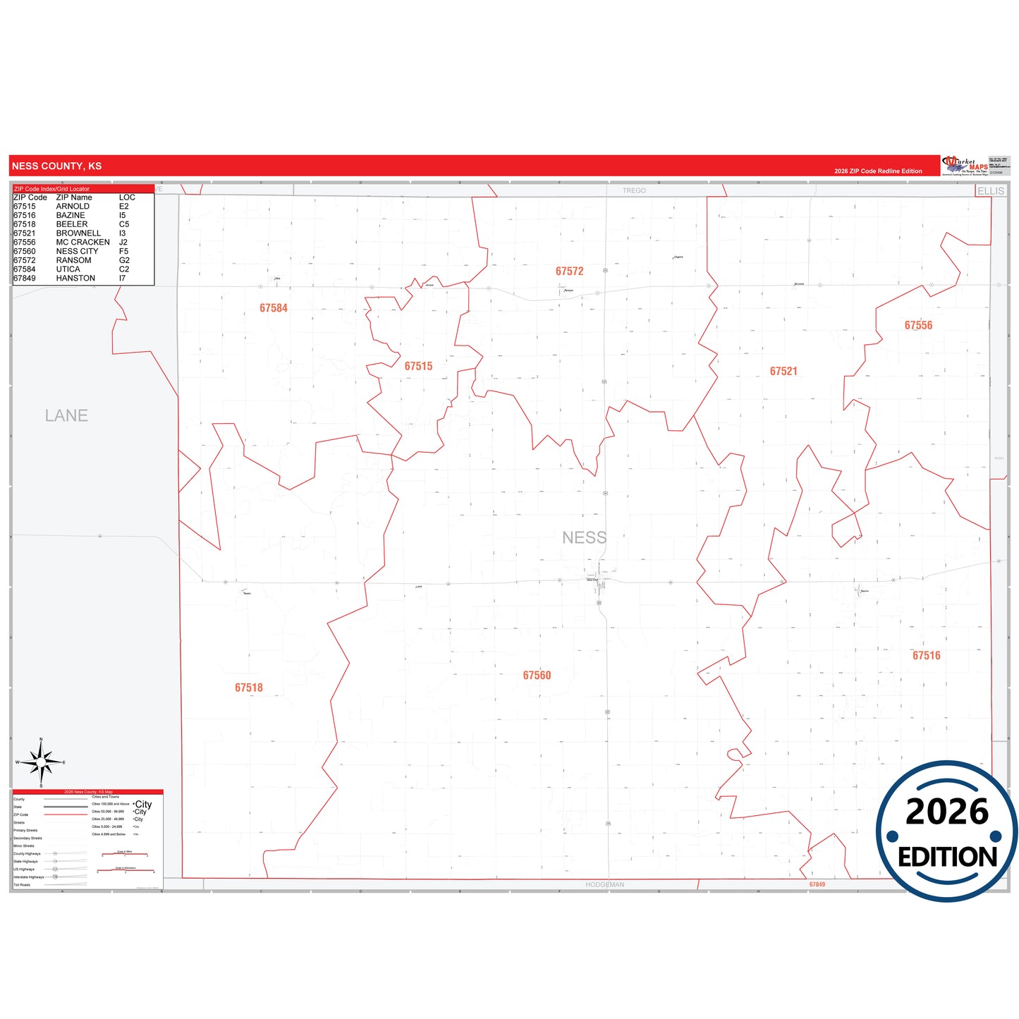 Ness County, KS Red Line 5 Digit ZIP Code Wall Map