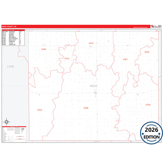Ness County, KS Red Line 5 Digit ZIP Code Wall Map