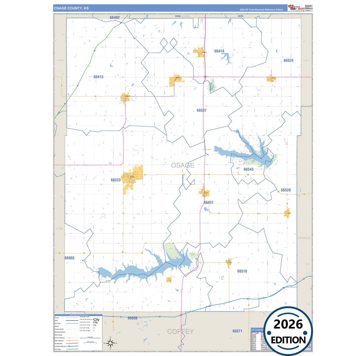 Osage County, KS Business Reference 5 Digit ZIP Code Wall Map