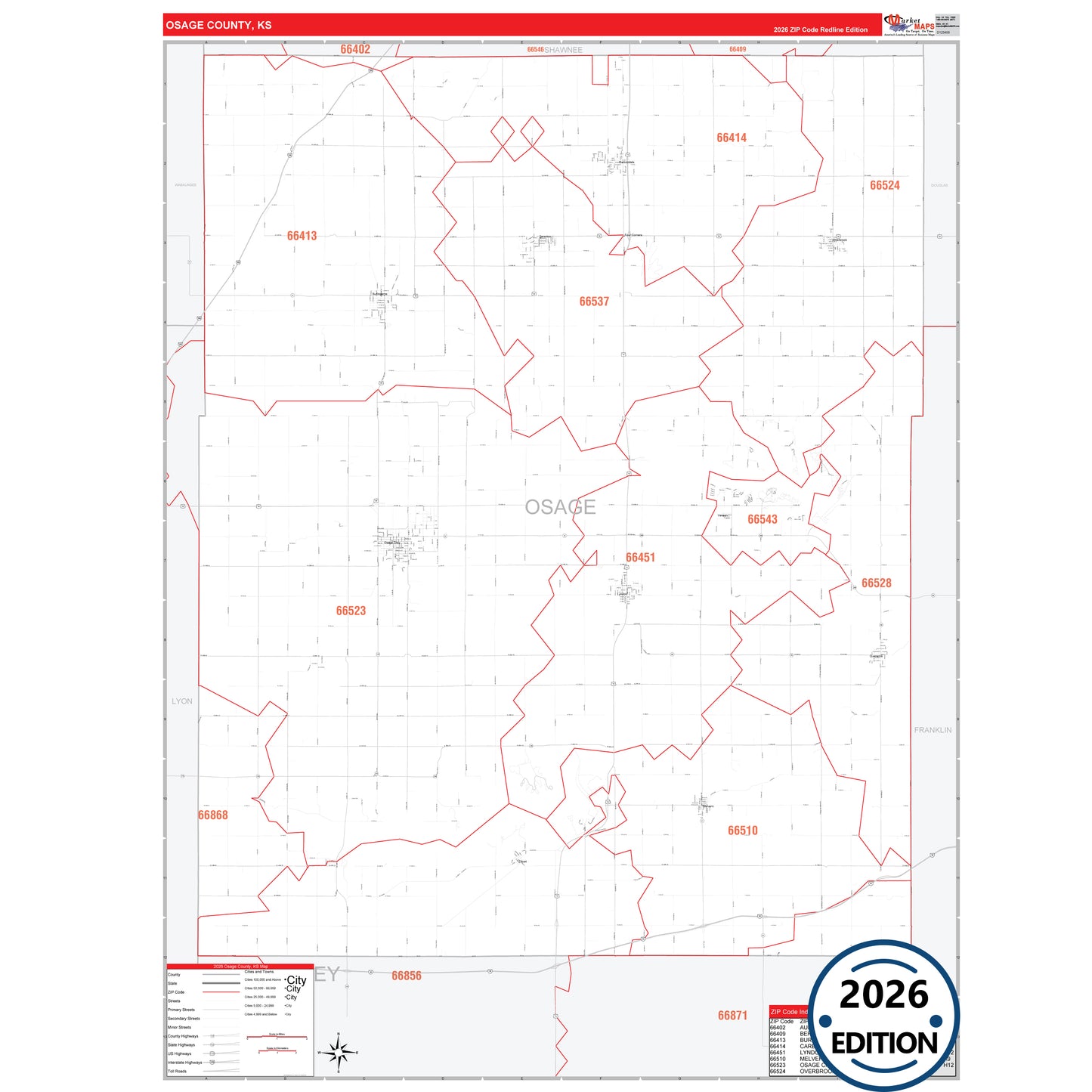 Osage County, KS Red Line 5 Digit ZIP Code Wall Map