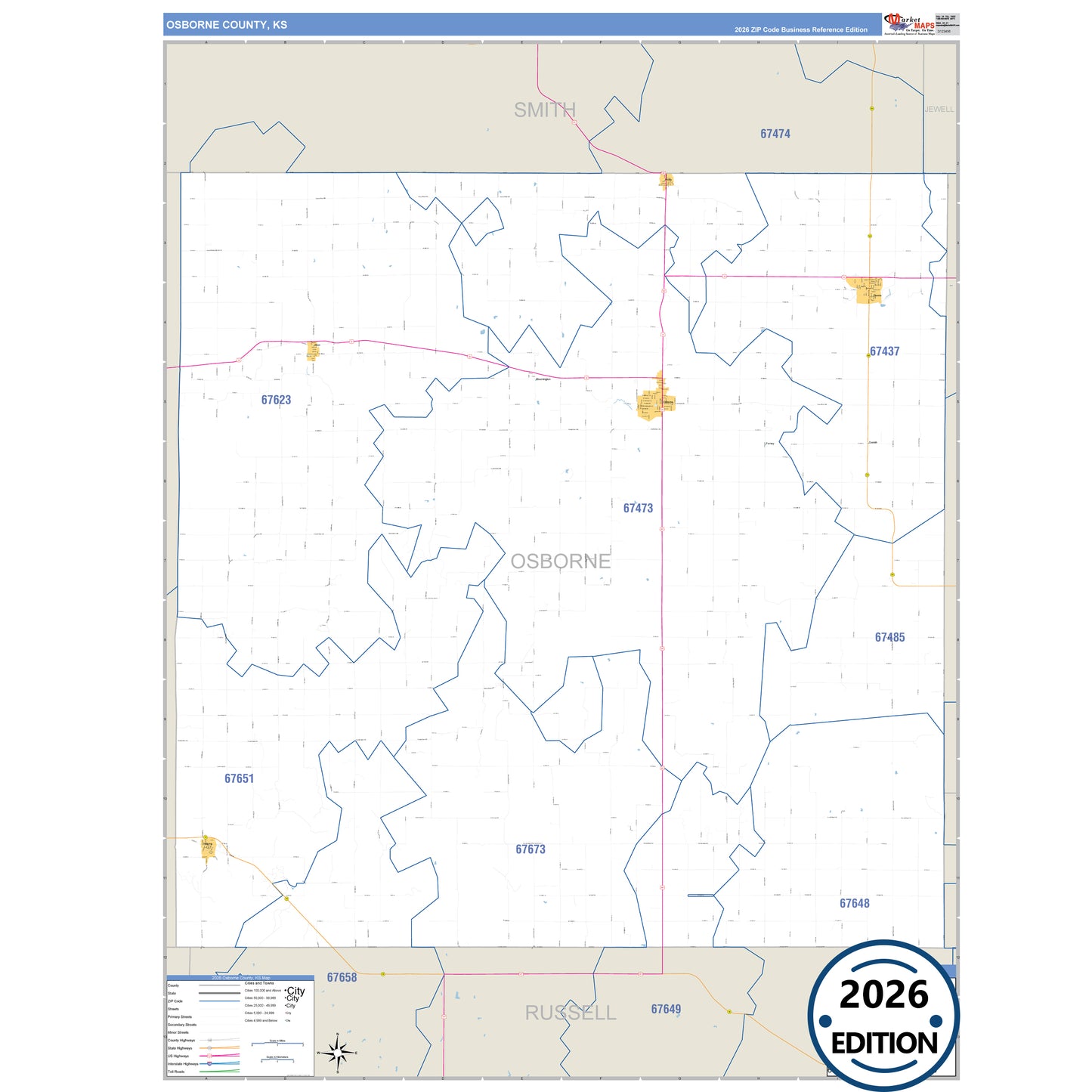 Osborne County, KS Business Reference 5 Digit ZIP Code Wall Map