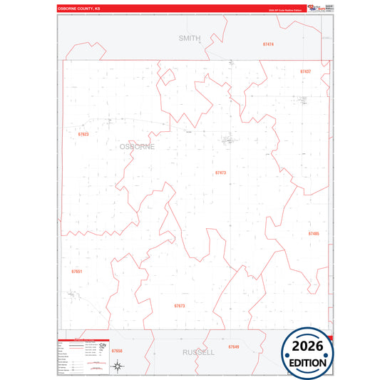 Osborne County, KS Red Line 5 Digit ZIP Code Wall Map