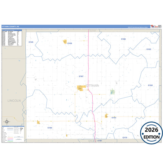 Ottawa County, KS Business Reference 5 Digit ZIP Code Wall Map