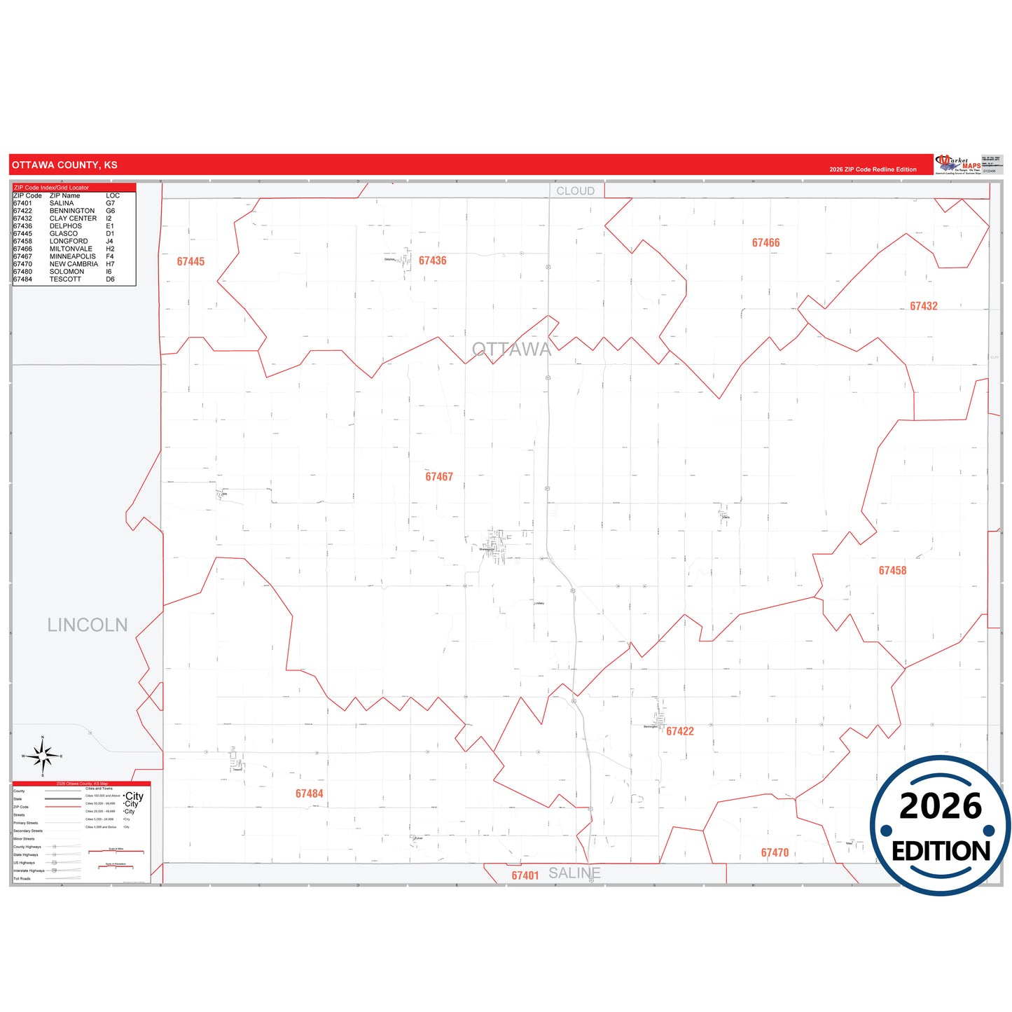 Ottawa County, KS Red Line 5 Digit ZIP Code Wall Map