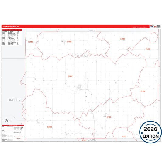 Ottawa County, KS Red Line 5 Digit ZIP Code Wall Map