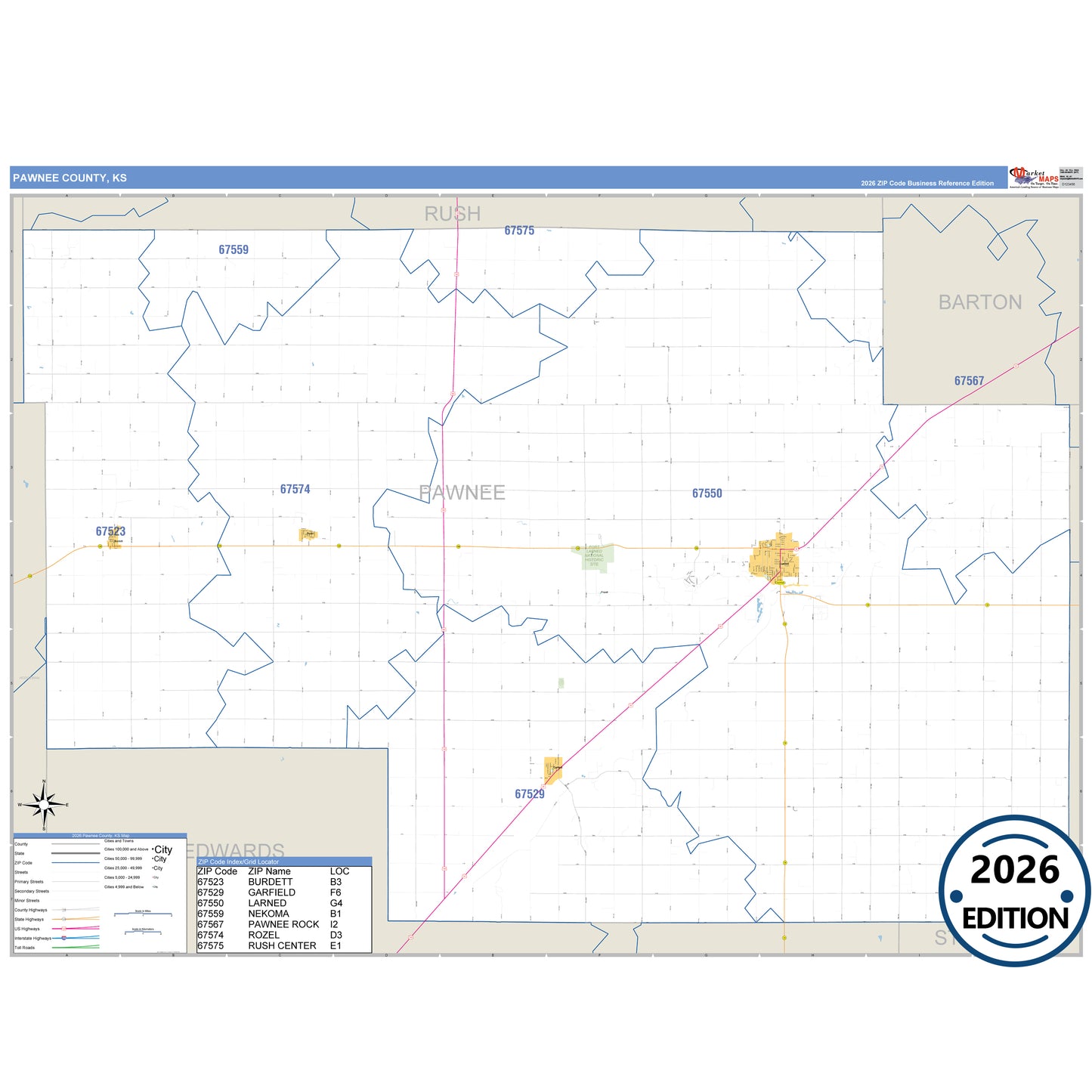 Pawnee County, KS Business Reference 5 Digit ZIP Code Wall Map