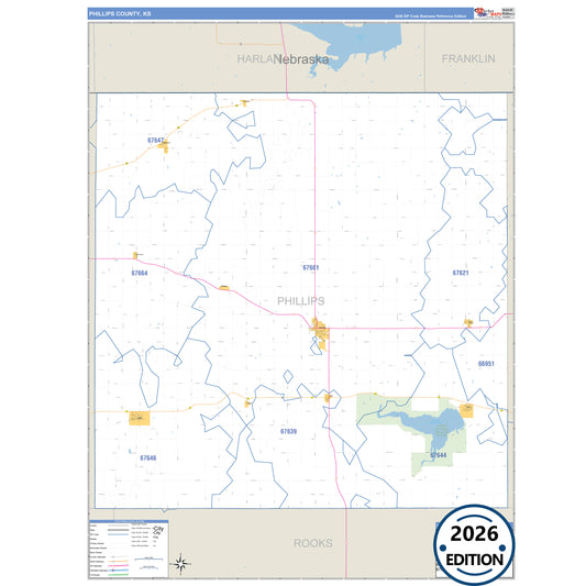 Phillips County, KS Business Reference 5 Digit ZIP Code Wall Map