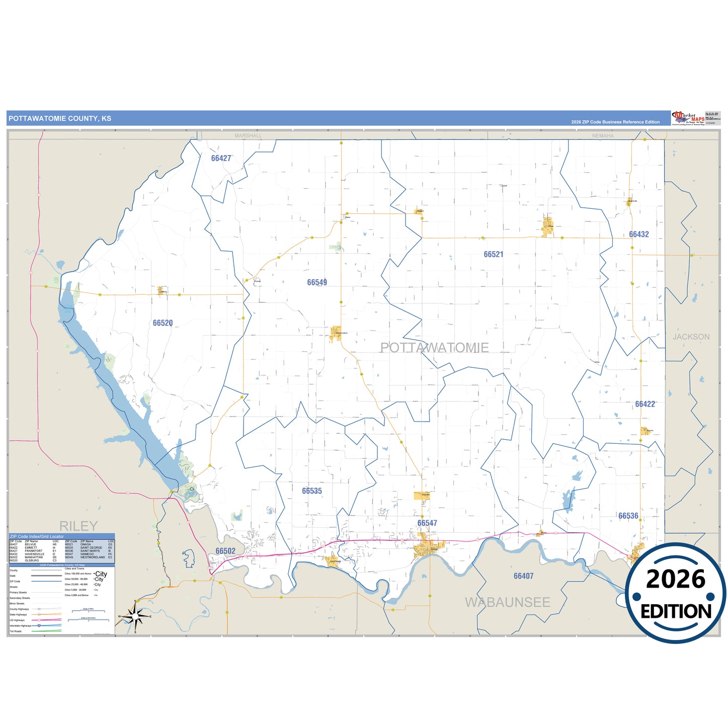 Pottawatomie County, KS Business Reference 5 Digit ZIP Code Wall Map