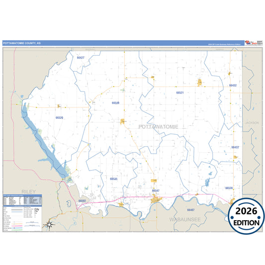 Pottawatomie County, KS Business Reference 5 Digit ZIP Code Wall Map