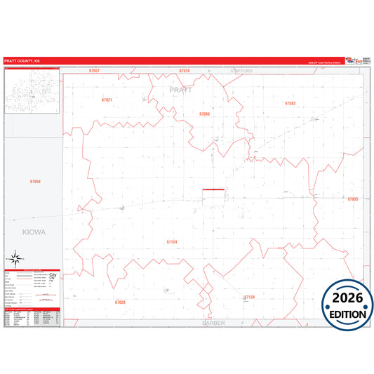 Pratt County, KS Red Line 5 Digit ZIP Code Wall Map