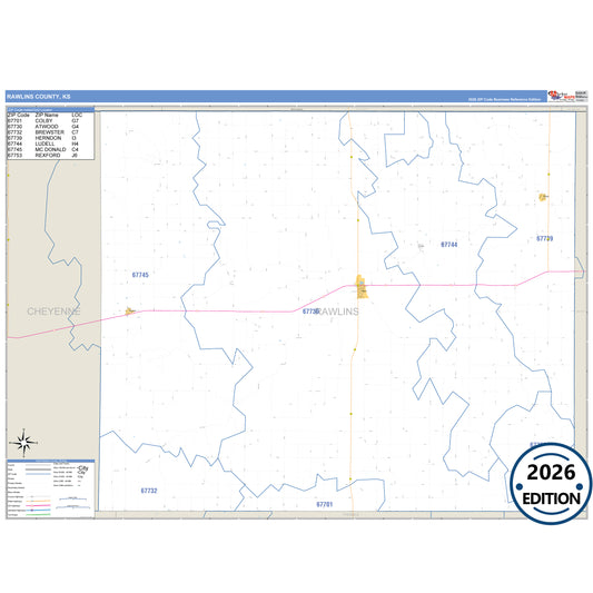 Rawlins County, KS Business Reference 5 Digit ZIP Code Wall Map