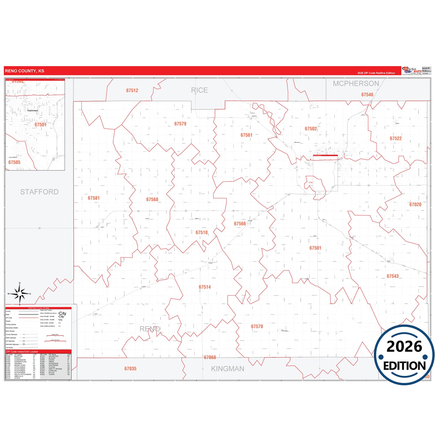 Reno County, KS Red Line 5 Digit ZIP Code Wall Map