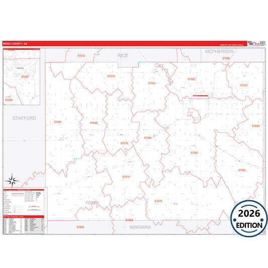 Reno County, KS Red Line 5 Digit ZIP Code Wall Map