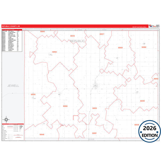 Republic County, KS Red Line 5 Digit ZIP Code Wall Map