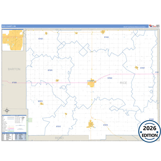 Rice County, KS Business Reference 5 Digit ZIP Code Wall Map