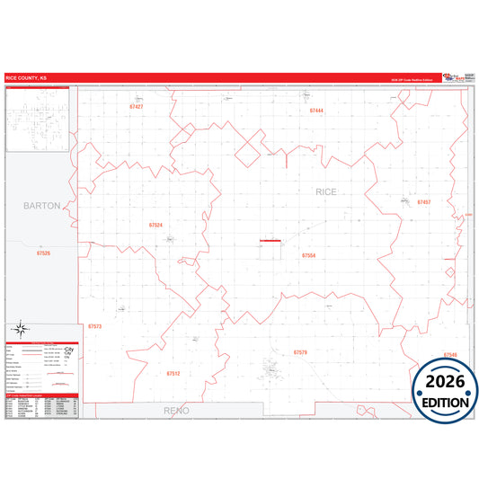 Rice County, KS Red Line 5 Digit ZIP Code Wall Map