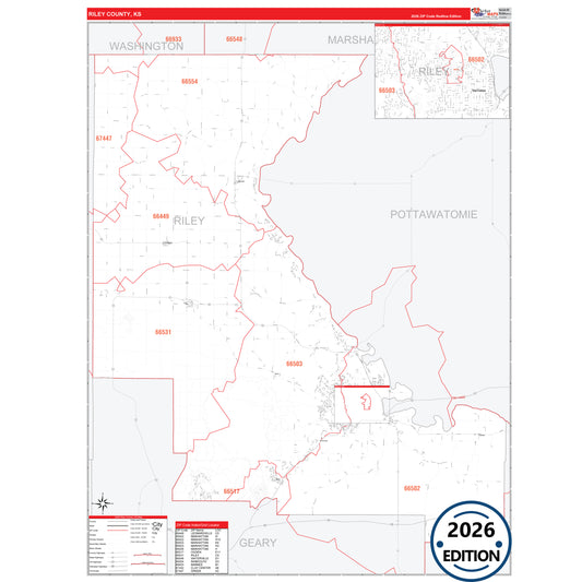 Riley County, KS Red Line 5 Digit ZIP Code Wall Map