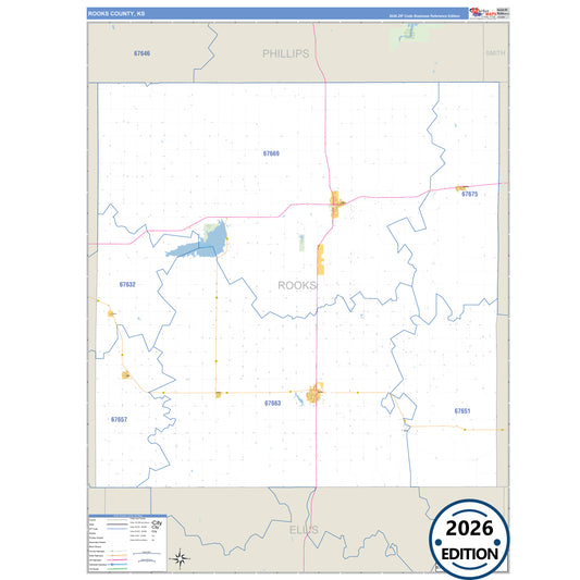 Rooks County, KS Business Reference 5 Digit ZIP Code Wall Map