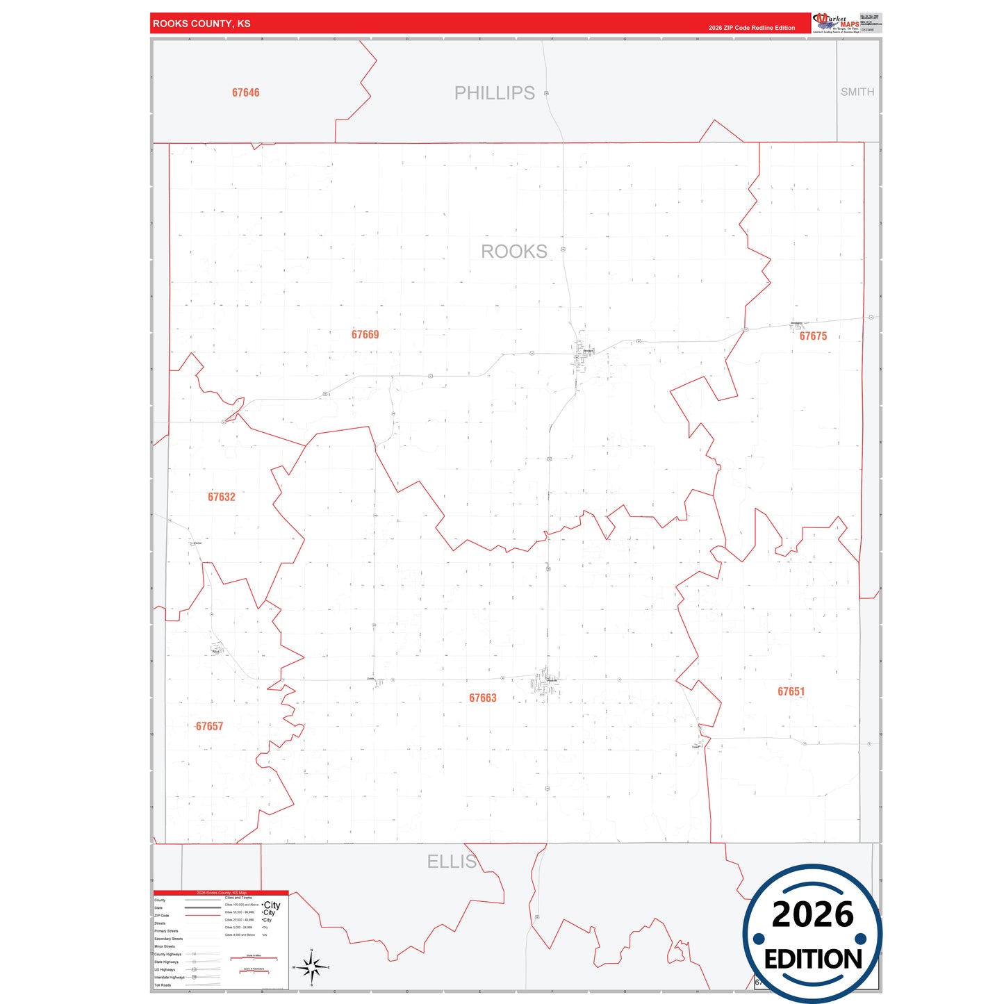 Rooks County, KS Red Line 5 Digit ZIP Code Wall Map
