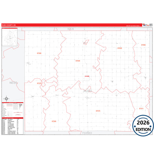 Rush County, KS Red Line 5 Digit ZIP Code Wall Map