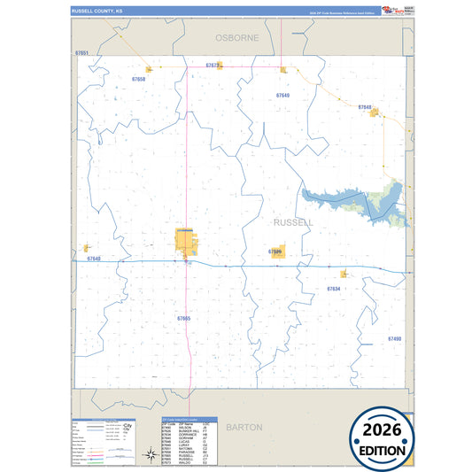 Russell County, KS Business Reference 5 Digit ZIP Code Wall Map