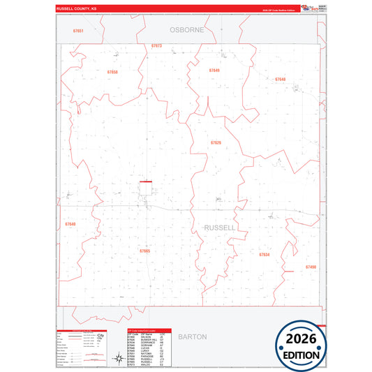 Russell County, KS Red Line 5 Digit ZIP Code Wall Map