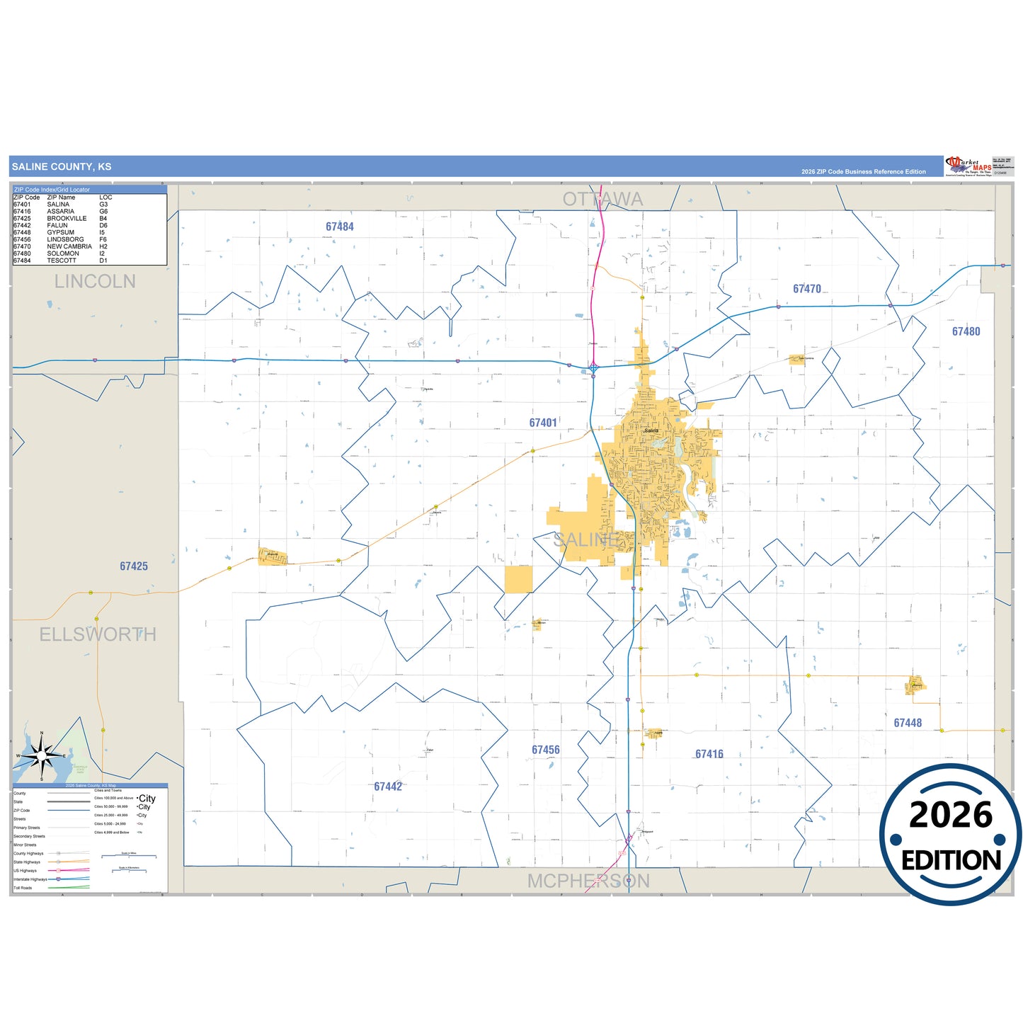 Saline County, KS Business Reference 5 Digit ZIP Code Wall Map