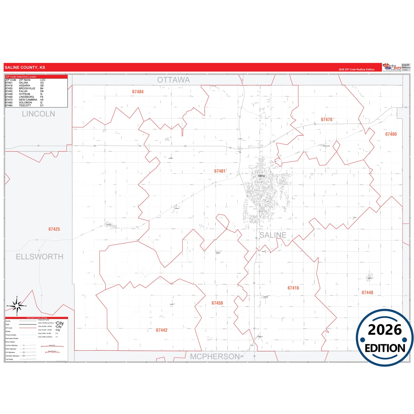Saline County, KS Red Line 5 Digit ZIP Code Wall Map
