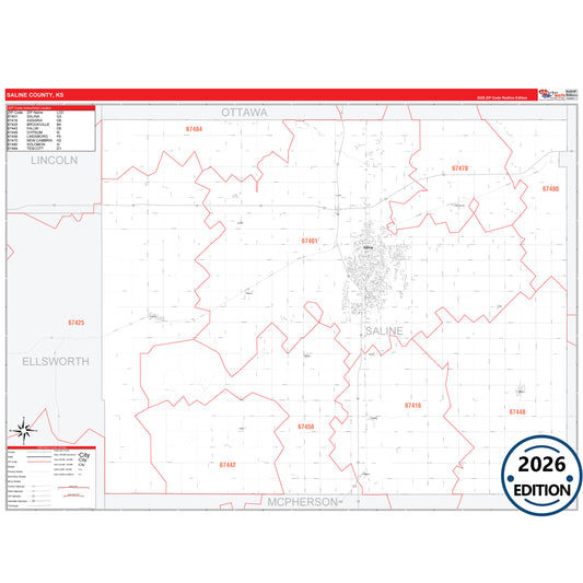 Saline County, KS Red Line 5 Digit ZIP Code Wall Map