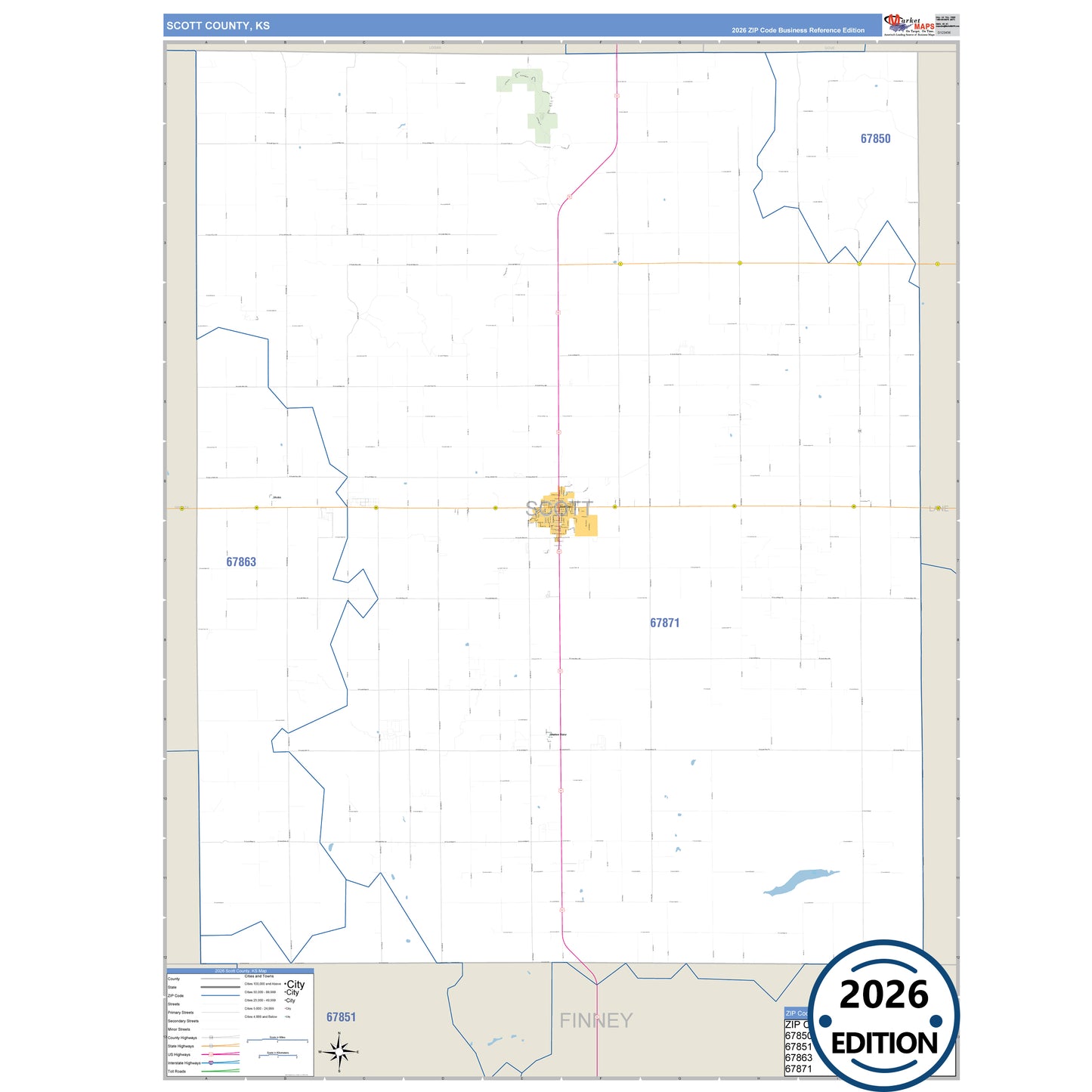 Scott County, KS Business Reference 5 Digit ZIP Code Wall Map