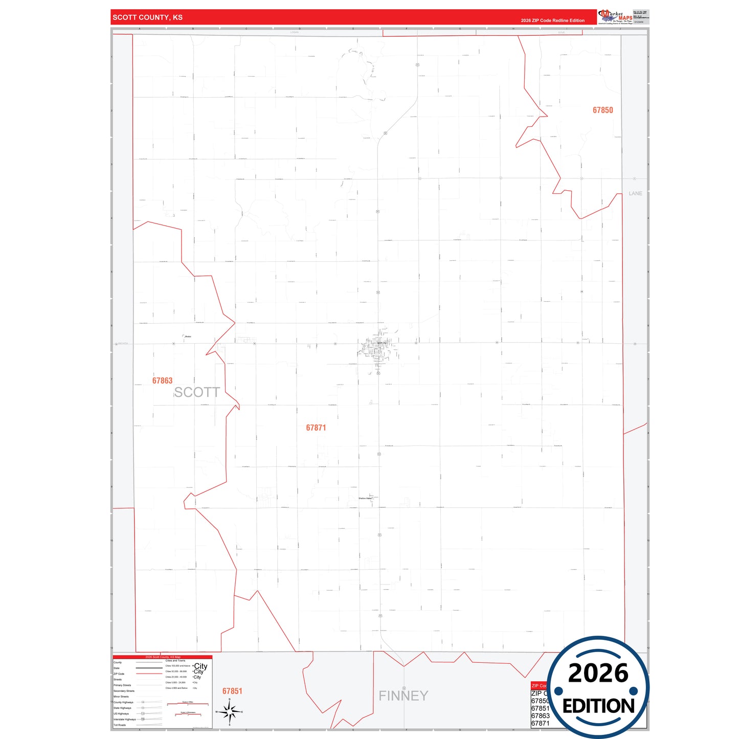 Scott County, KS Red Line 5 Digit ZIP Code Wall Map