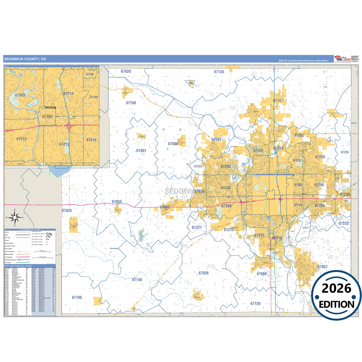 Sedgwick County, KS Business Reference 5 Digit ZIP Code Wall Map