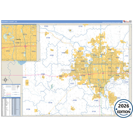 Sedgwick County, KS Business Reference 5 Digit ZIP Code Wall Map