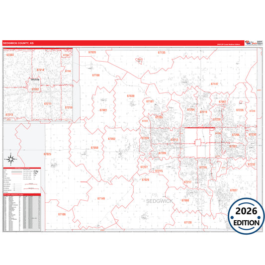 Sedgwick County, KS Red Line 5 Digit ZIP Code Wall Map