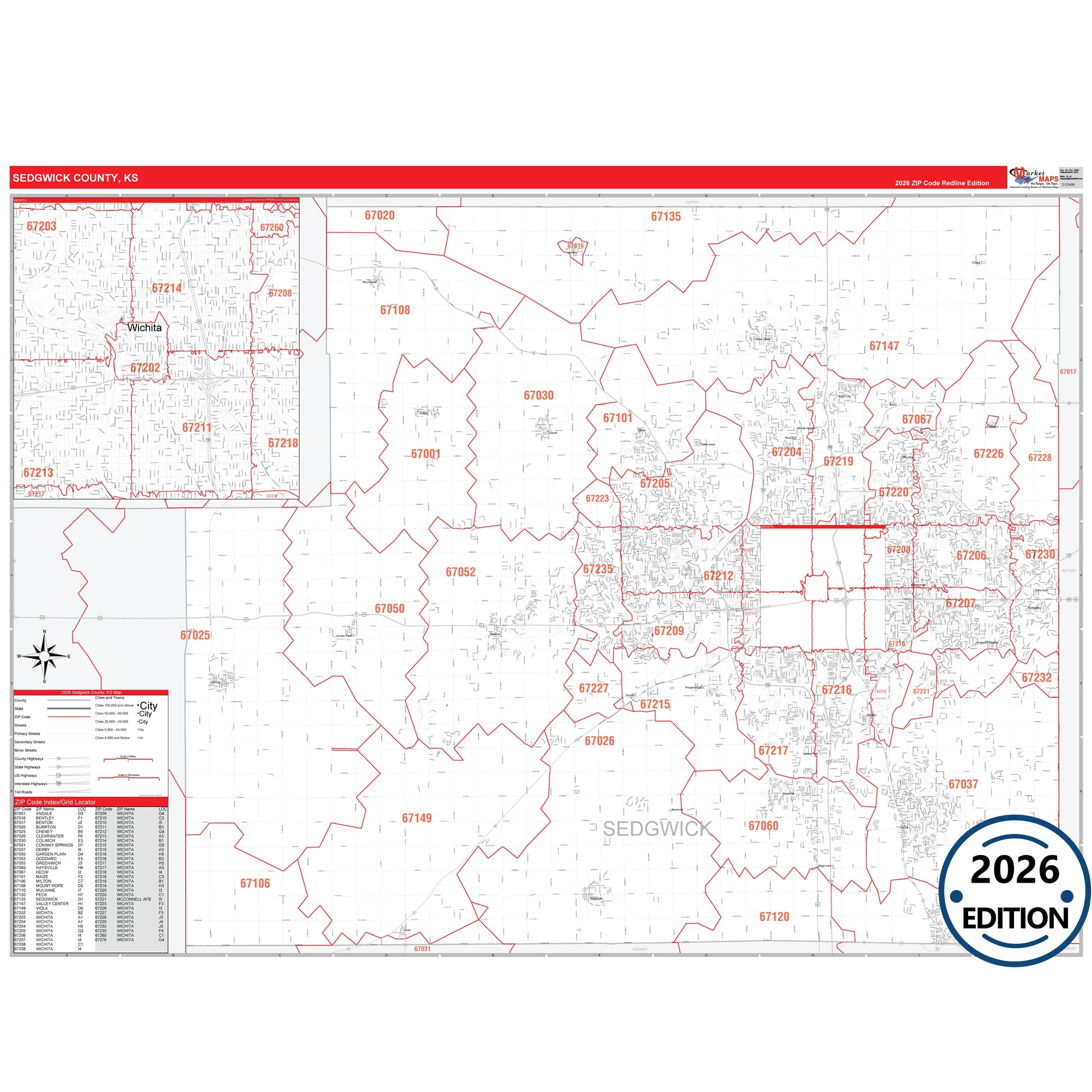 Sedgwick County, KS Red Line map with detailed roads, cities, and ZIP code boundaries.