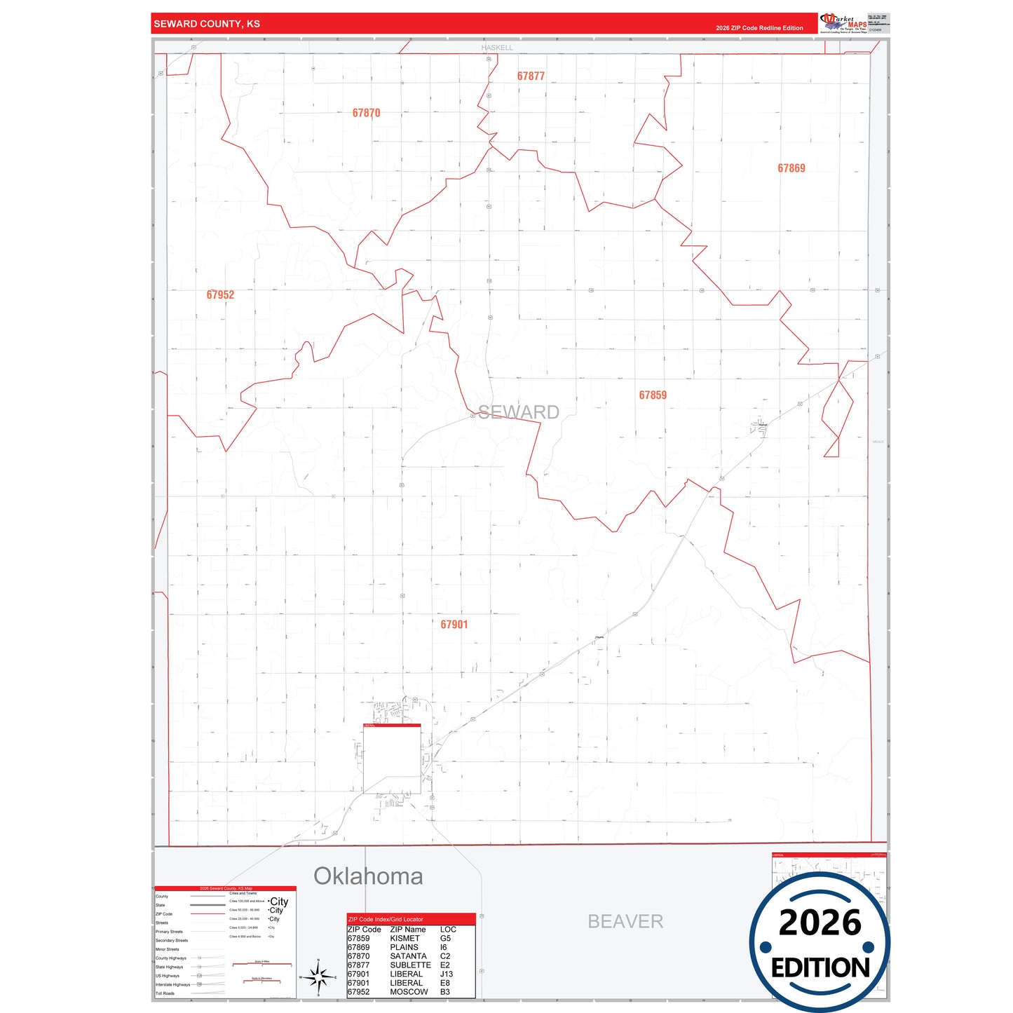 Seward County, KS Red Line 5 Digit ZIP Code Wall Map