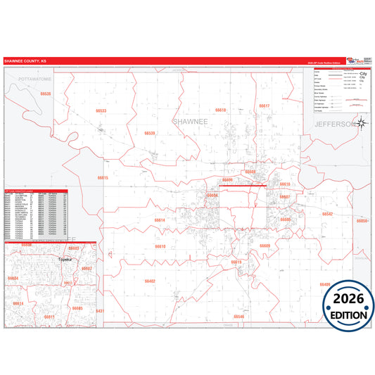 Shawnee County, KS Red Line 5 Digit ZIP Code Wall Map