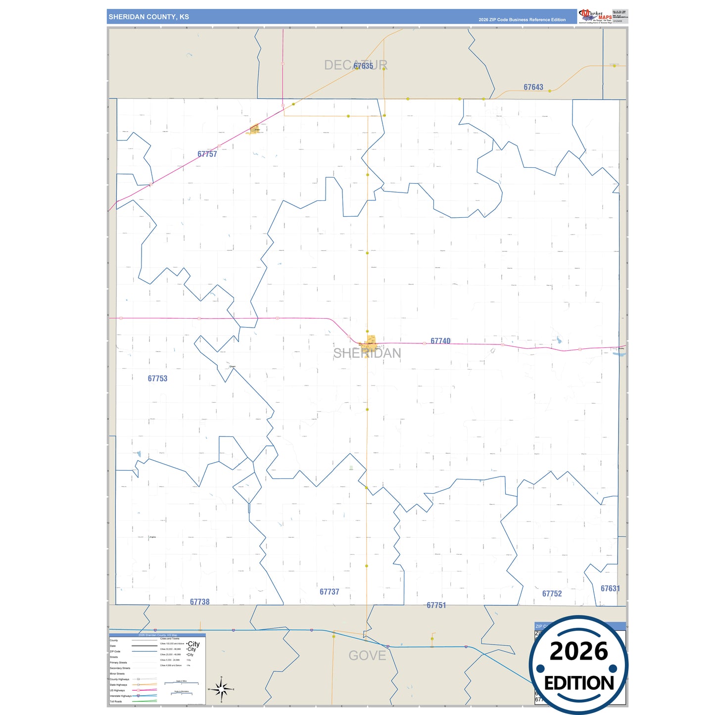 Sheridan County, KS Business Reference 5 Digit ZIP Code Wall Map