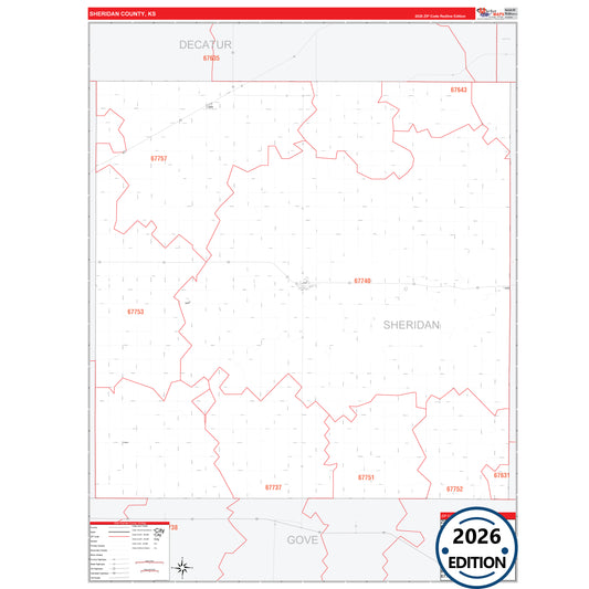 Sheridan County, KS Red Line 5 Digit ZIP Code Wall Map