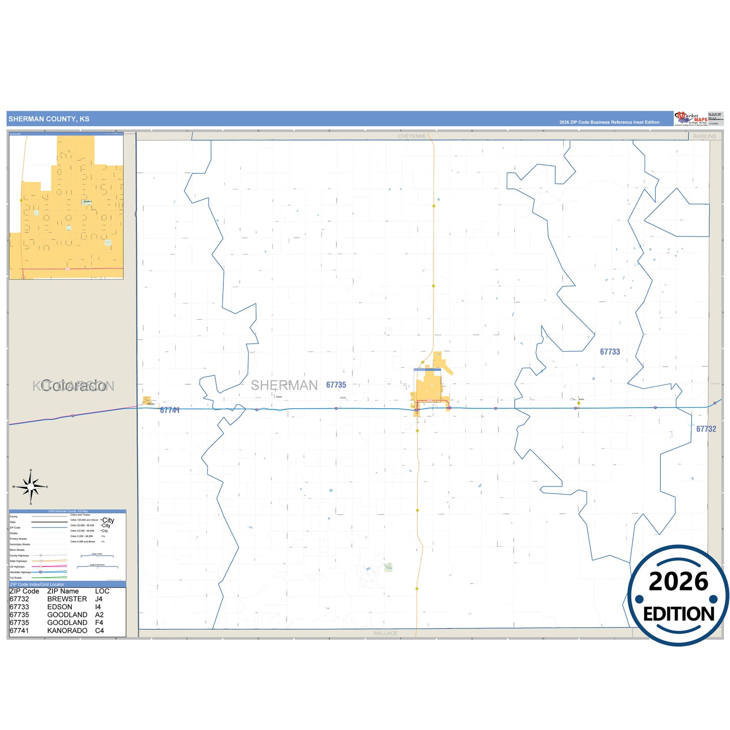 Sherman County, KS Business Reference 5 Digit ZIP Code Wall Map