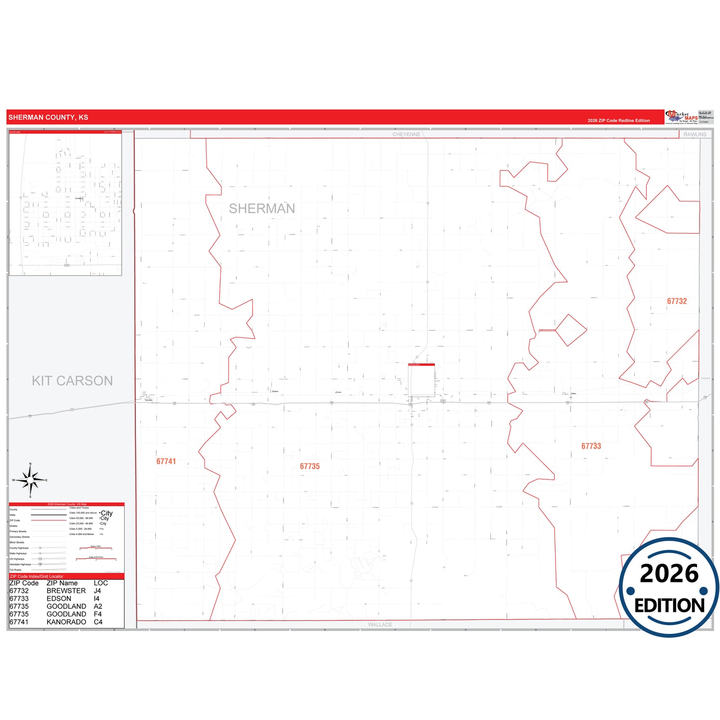 Sherman County, KS Red Line 5 Digit ZIP Code Wall Map