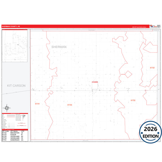 Sherman County, KS Red Line 5 Digit ZIP Code Wall Map