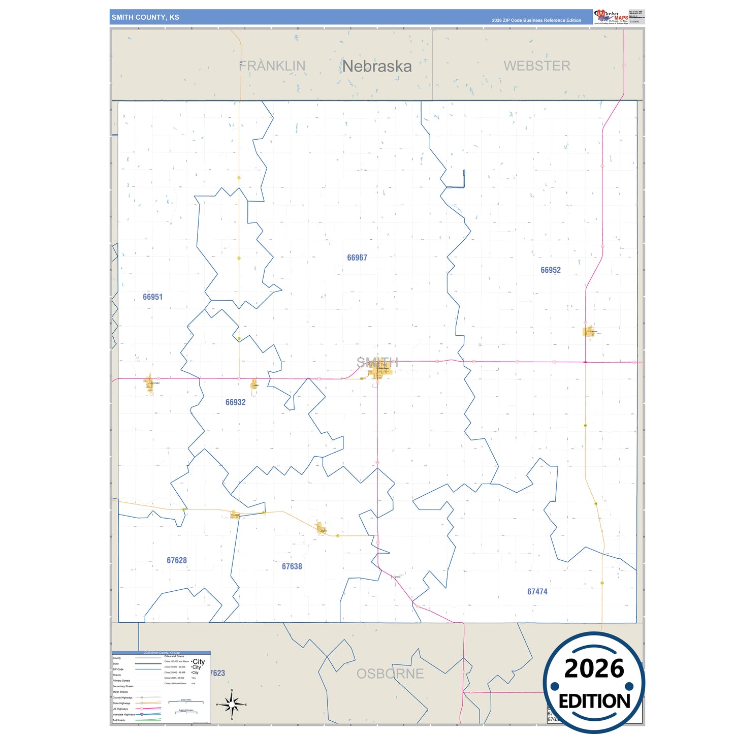 Smith County, KS Business Reference 5 Digit ZIP Code Wall Map