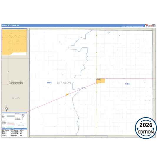 Stanton County, KS Business Reference 5 Digit ZIP Code Wall Map
