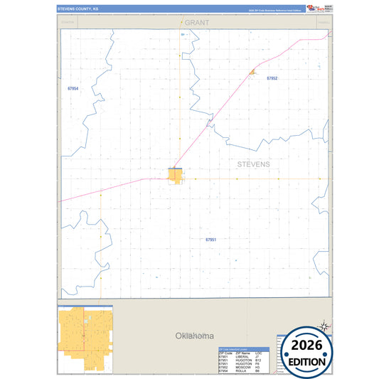 Stevens County, KS Business Reference 5 Digit ZIP Code Wall Map