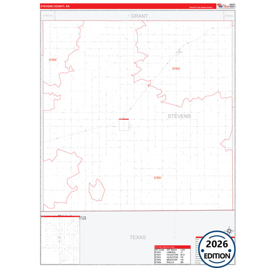 Stevens County, KS Red Line 5 Digit ZIP Code Wall Map