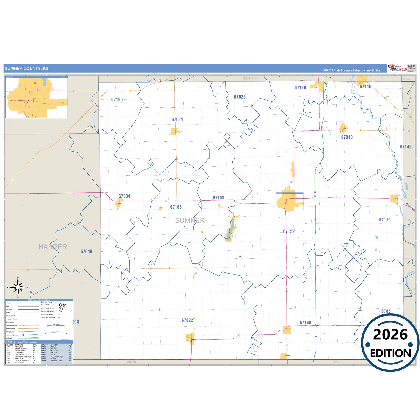 Sumner County, KS Business Reference 5 Digit ZIP Code Wall Map